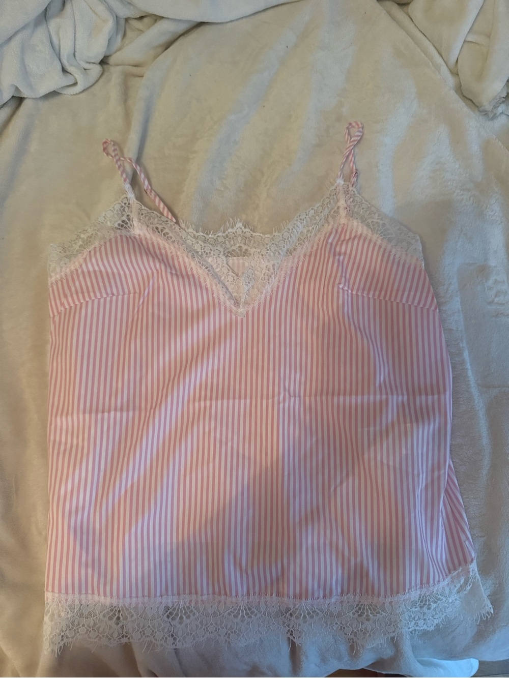 SHEIN Pink & White Striped Lace-Trim Camisole